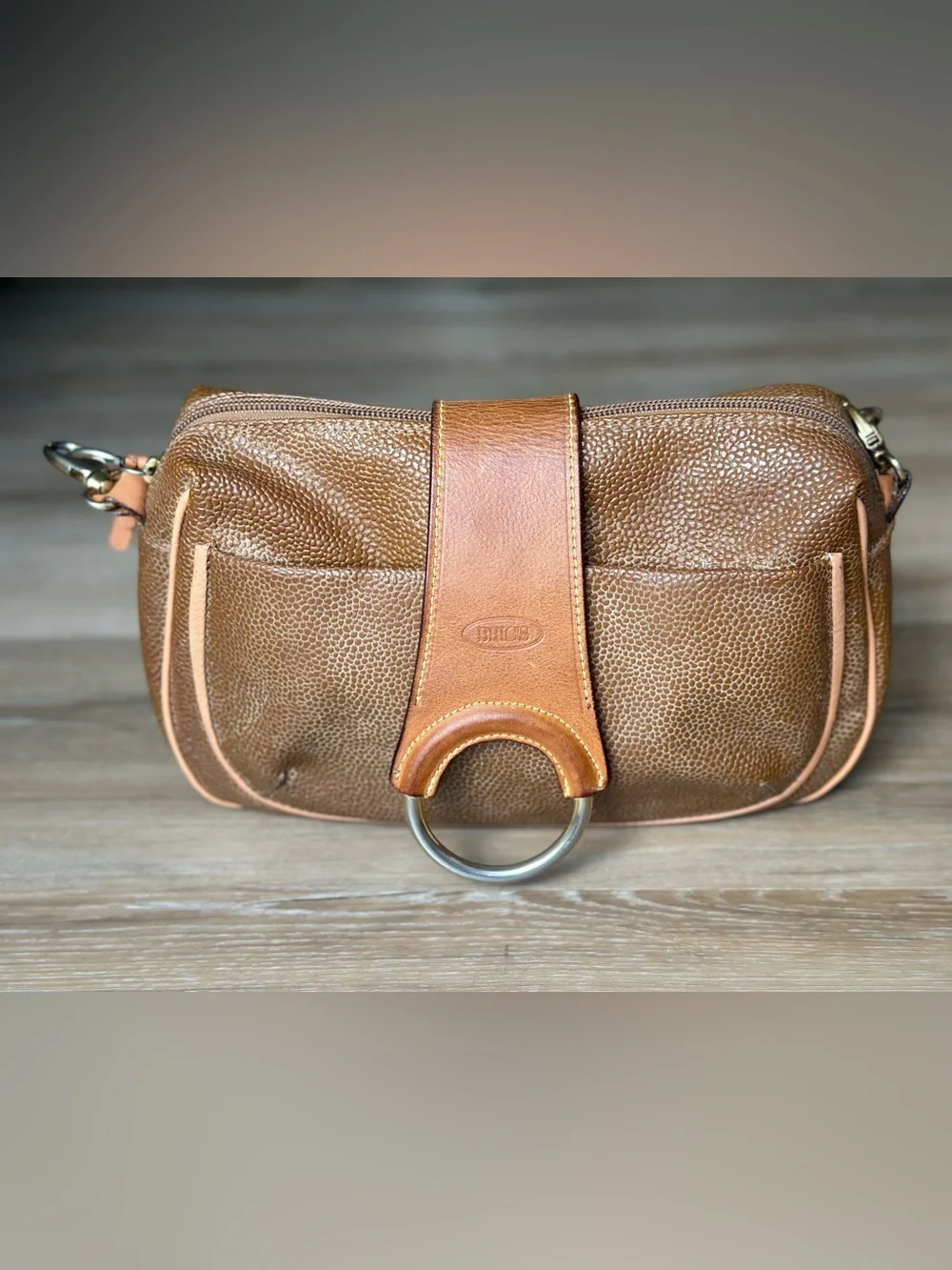 Vintage Brics Italy Brown Textured Shoulder Bag Leather Trim Purse Y2K 90s